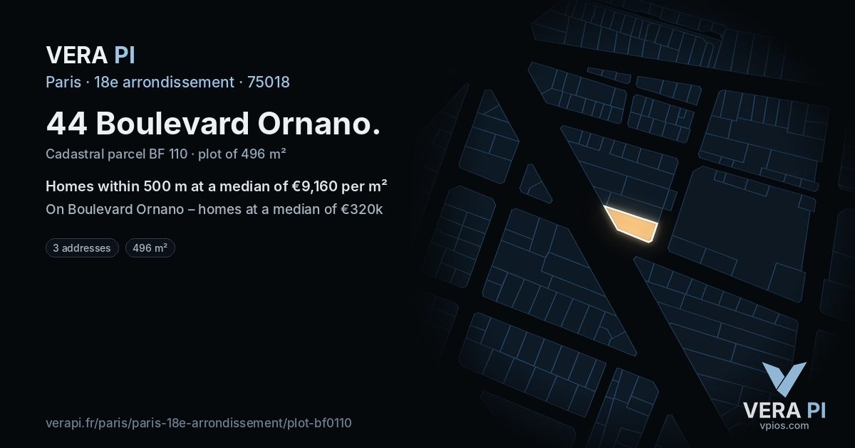 44 Boulevard Ornano, 18e arrondissement at night – the plot lit, the parcels around coloured by the prices near them