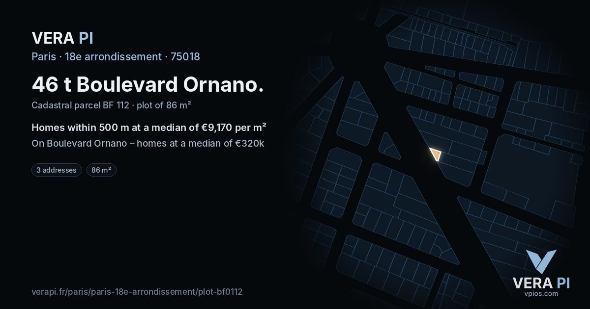 46 t Boulevard Ornano, 18e arrondissement at night – the plot lit, the parcels around coloured by the prices near them