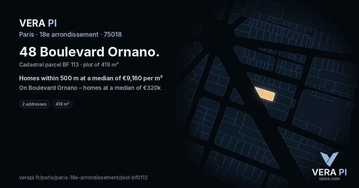 48 Boulevard Ornano, 18e arrondissement at night – the plot lit, the parcels around coloured by the prices near them