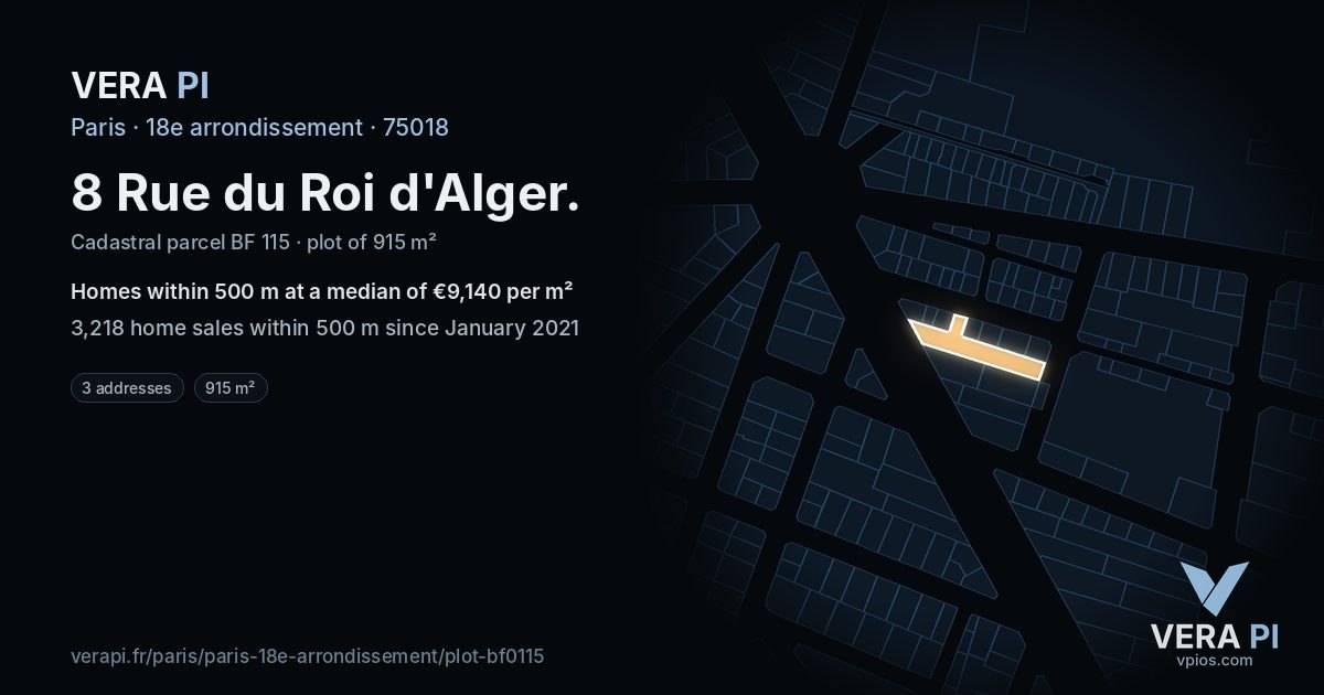 8 Rue du Roi d'Alger, 18e arrondissement at night – the plot lit, the parcels around coloured by the prices near them
