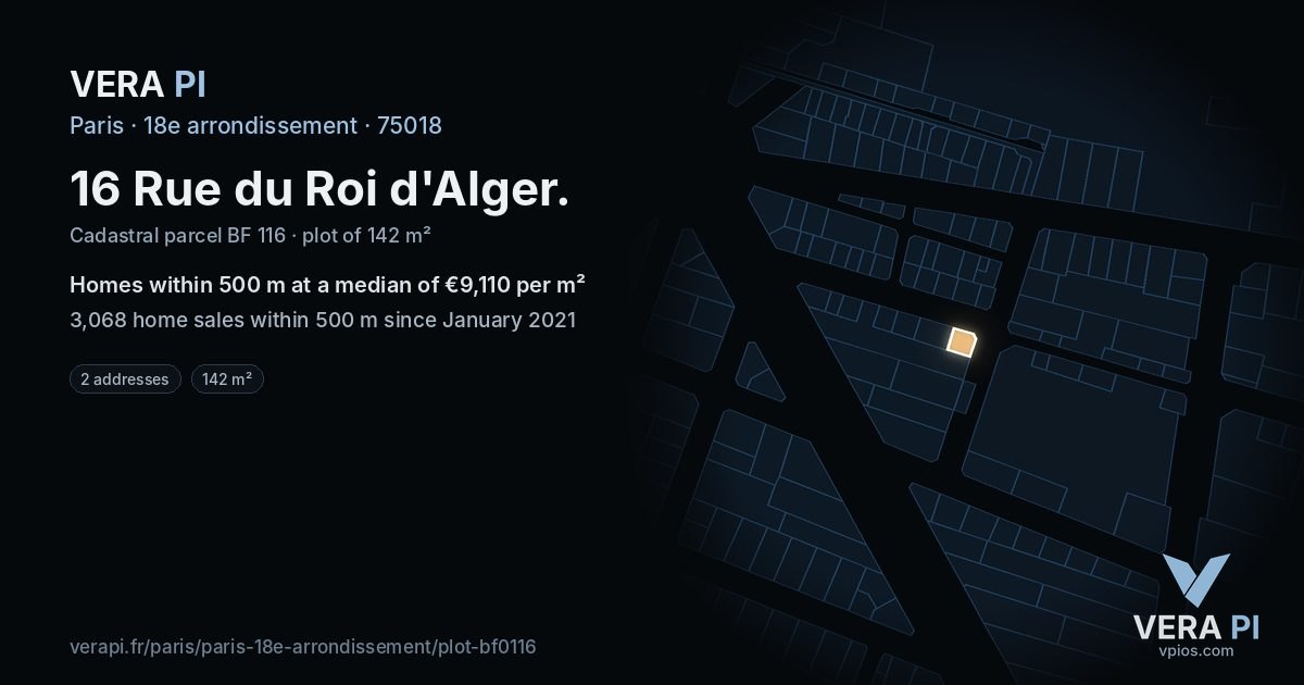 16 Rue du Roi d'Alger, 18e arrondissement at night – the plot lit, the parcels around coloured by the prices near them
