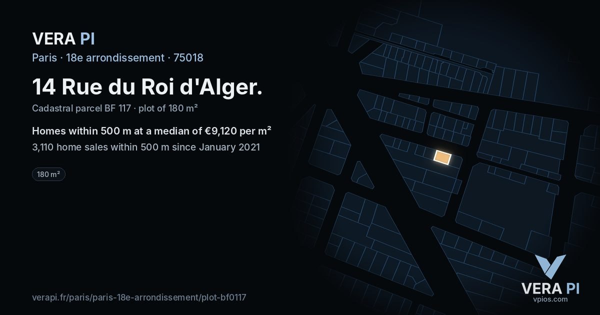 14 Rue du Roi d'Alger, 18e arrondissement at night – the plot lit, the parcels around coloured by the prices near them