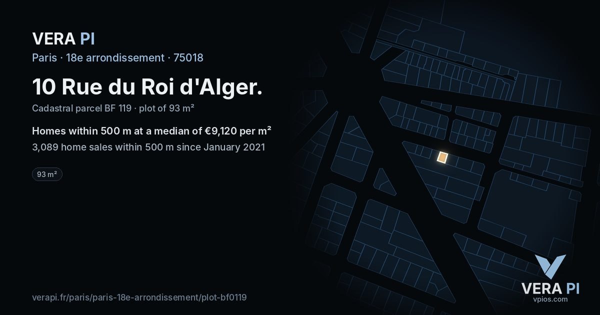 10 Rue du Roi d'Alger, 18e arrondissement at night – the plot lit, the parcels around coloured by the prices near them