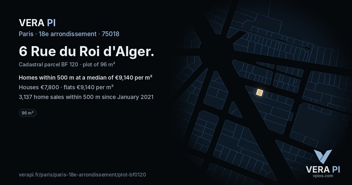 6 Rue du Roi d'Alger, 18e arrondissement at night – the plot lit, the parcels around coloured by the prices near them