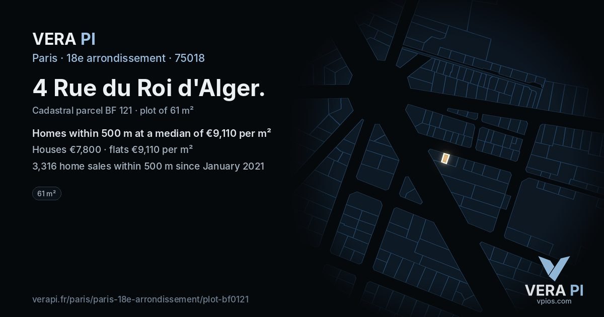 4 Rue du Roi d'Alger, 18e arrondissement at night – the plot lit, the parcels around coloured by the prices near them