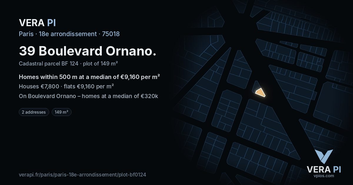 39 Boulevard Ornano, 18e arrondissement at night – the plot lit, the parcels around coloured by the prices near them