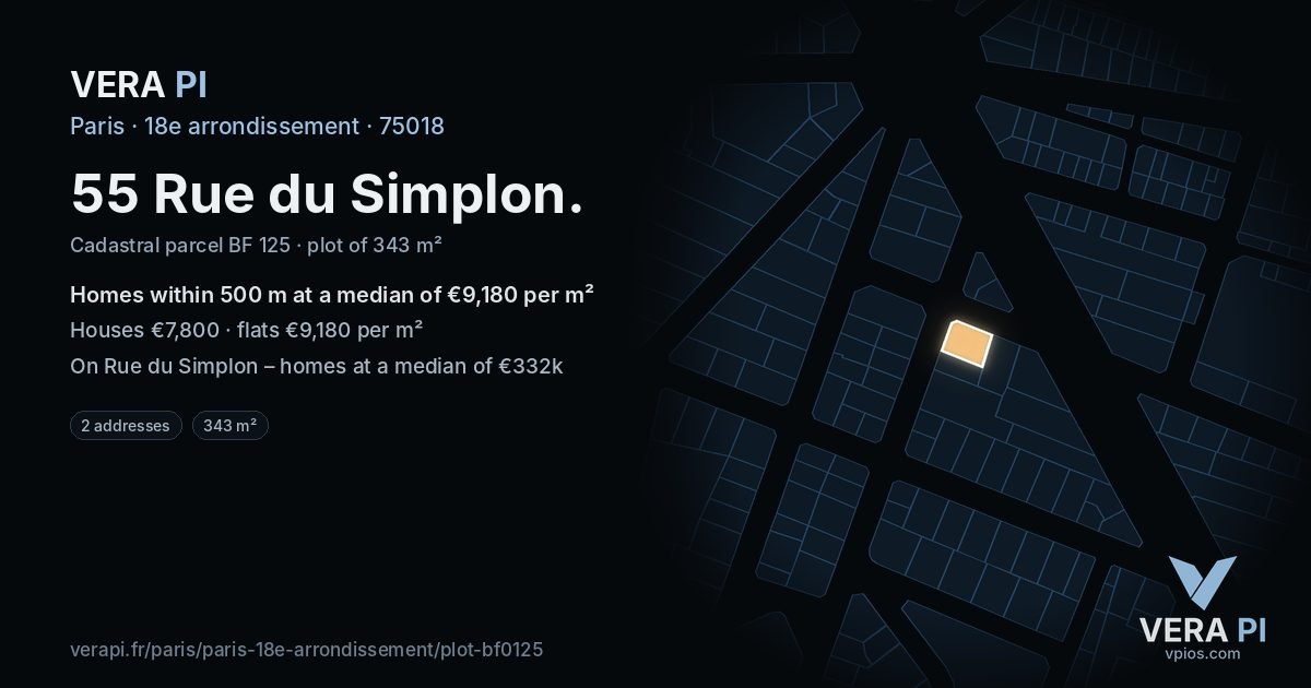 55 Rue du Simplon, 18e arrondissement at night – the plot lit, the parcels around coloured by the prices near them