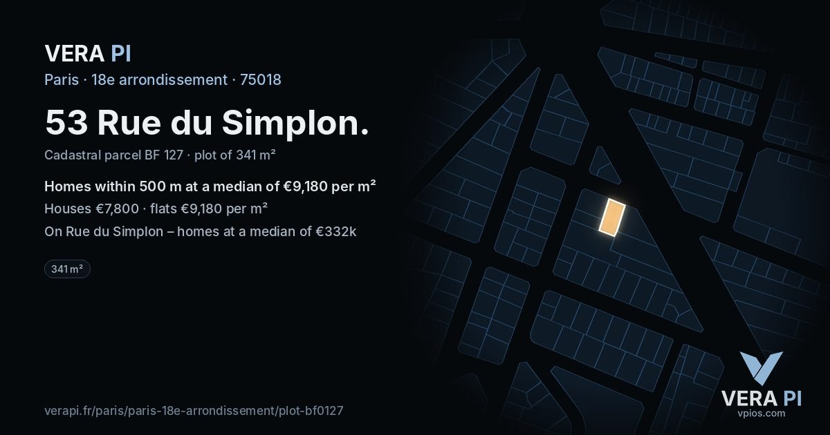 53 Rue du Simplon, 18e arrondissement at night – the plot lit, the parcels around coloured by the prices near them
