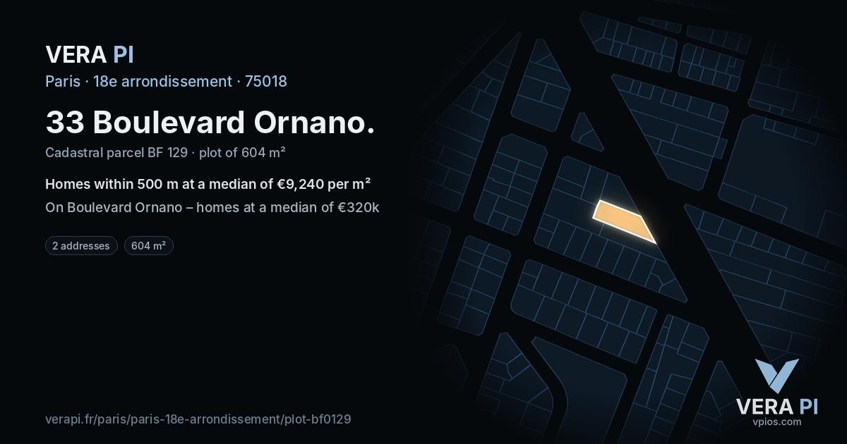 33 Boulevard Ornano, 18e arrondissement at night – the plot lit, the parcels around coloured by the prices near them