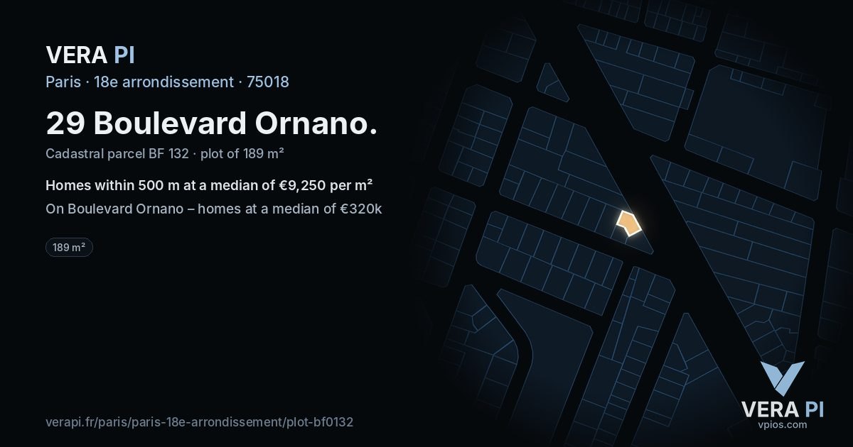 29 Boulevard Ornano, 18e arrondissement at night – the plot lit, the parcels around coloured by the prices near them