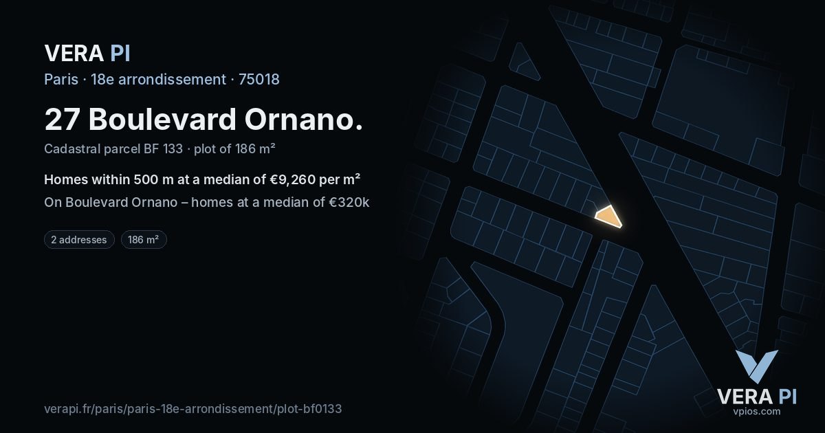 27 Boulevard Ornano, 18e arrondissement at night – the plot lit, the parcels around coloured by the prices near them