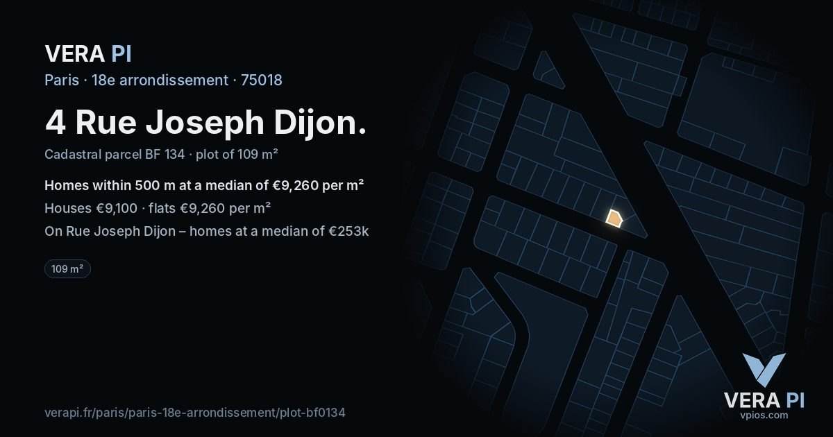 4 Rue Joseph Dijon, 18e arrondissement at night – the plot lit, the parcels around coloured by the prices near them