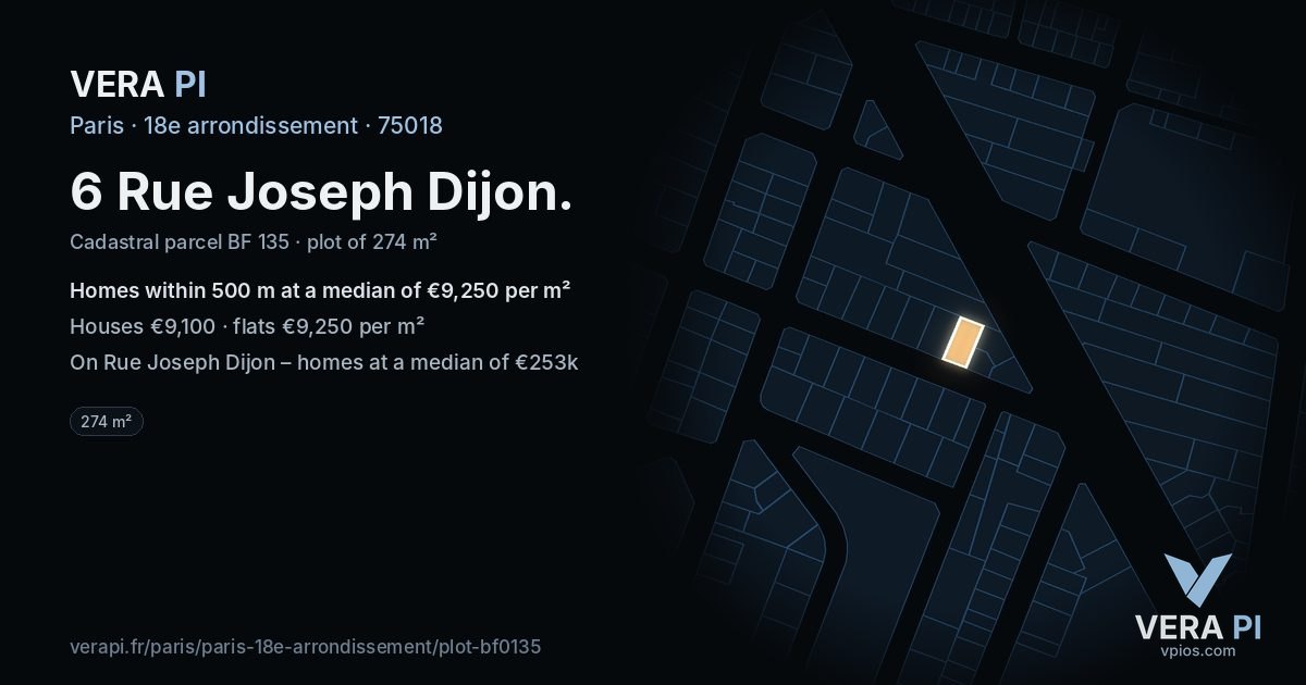 6 Rue Joseph Dijon, 18e arrondissement at night – the plot lit, the parcels around coloured by the prices near them