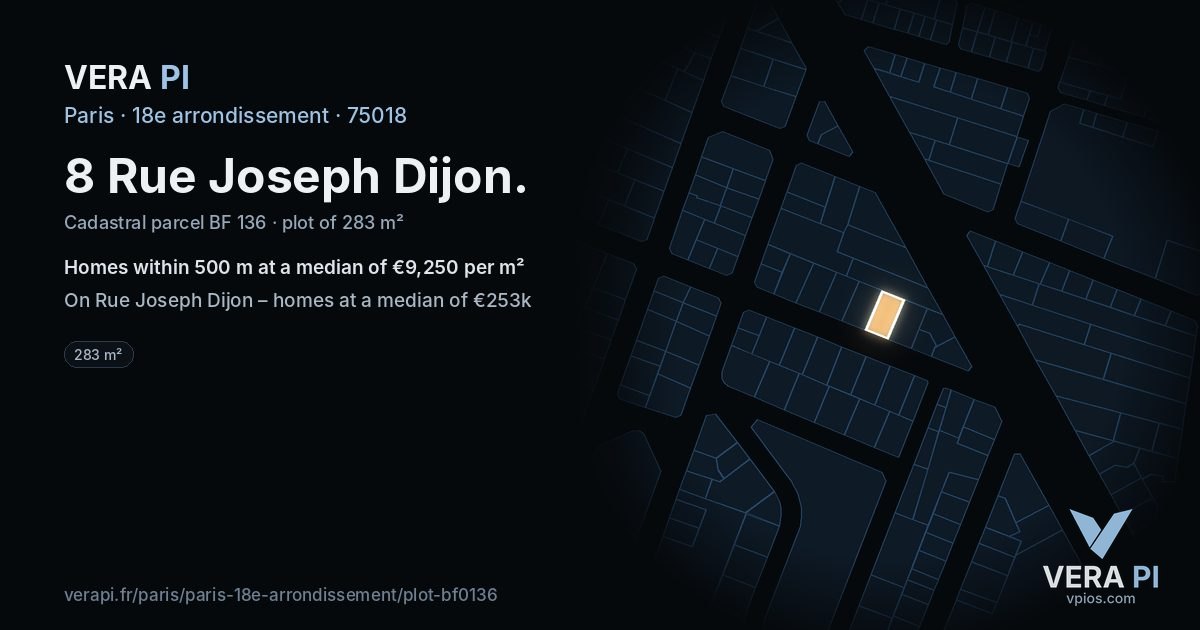 8 Rue Joseph Dijon, 18e arrondissement at night – the plot lit, the parcels around coloured by the prices near them