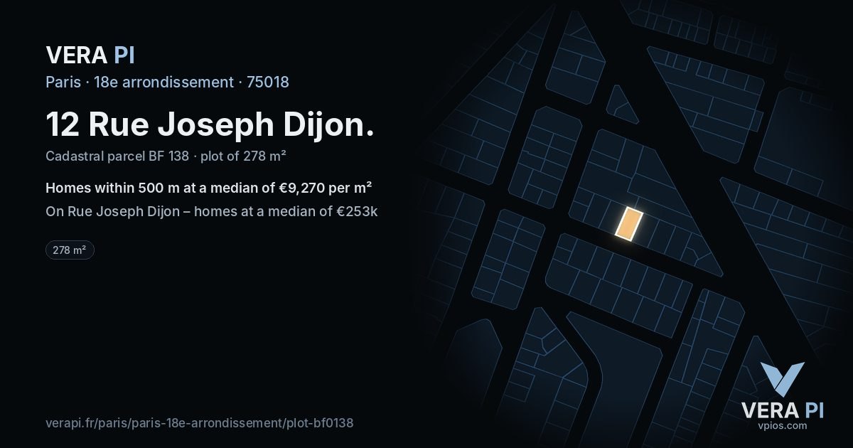 12 Rue Joseph Dijon, 18e arrondissement at night – the plot lit, the parcels around coloured by the prices near them