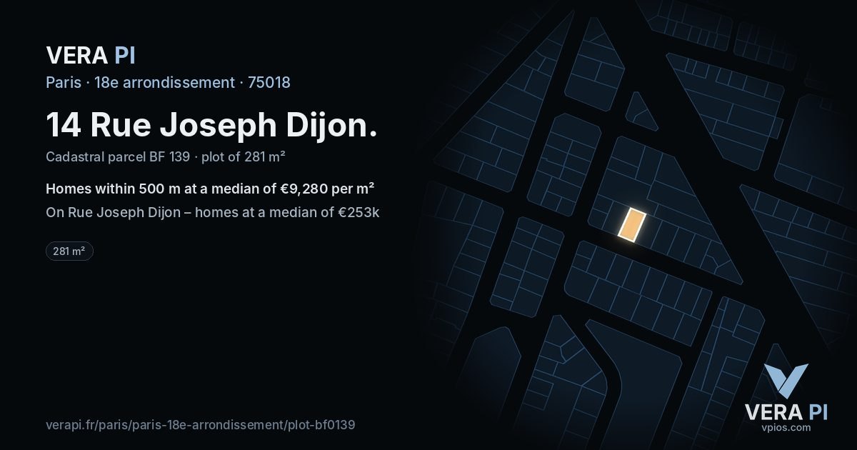 14 Rue Joseph Dijon, 18e arrondissement at night – the plot lit, the parcels around coloured by the prices near them