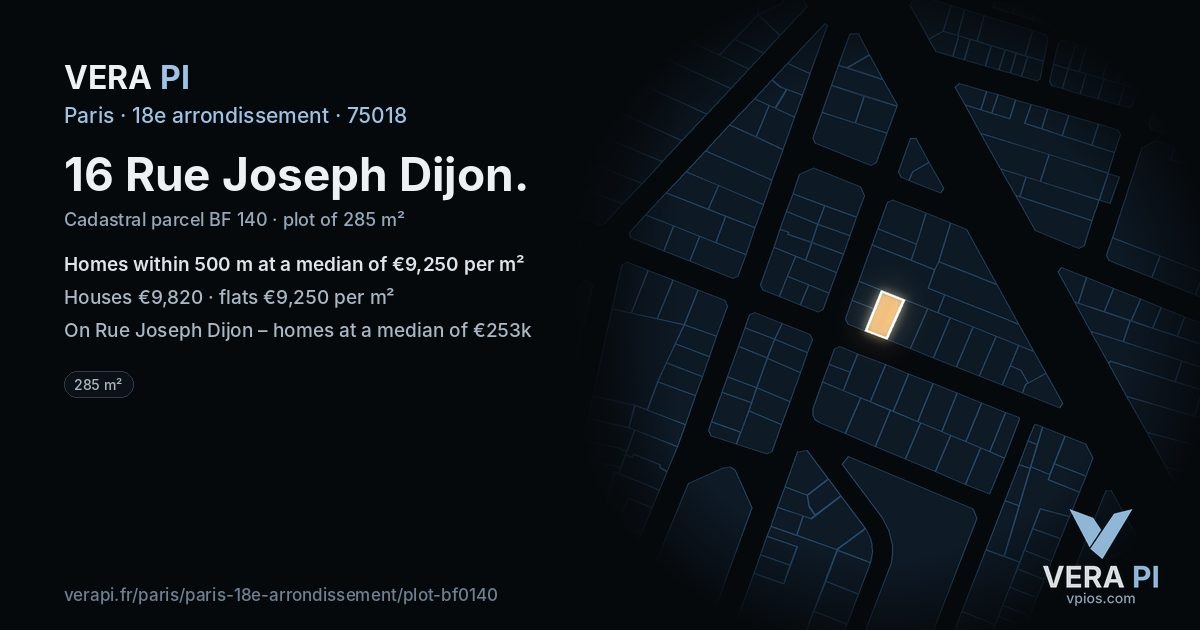 16 Rue Joseph Dijon, 18e arrondissement at night – the plot lit, the parcels around coloured by the prices near them
