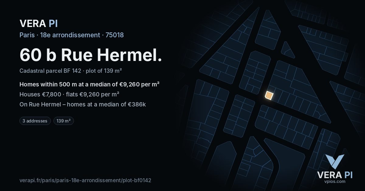 60 b Rue Hermel, 18e arrondissement at night – the plot lit, the parcels around coloured by the prices near them