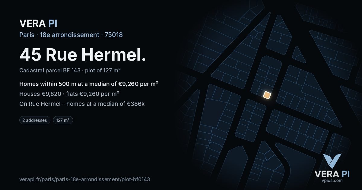 45 Rue Hermel, 18e arrondissement at night – the plot lit, the parcels around coloured by the prices near them