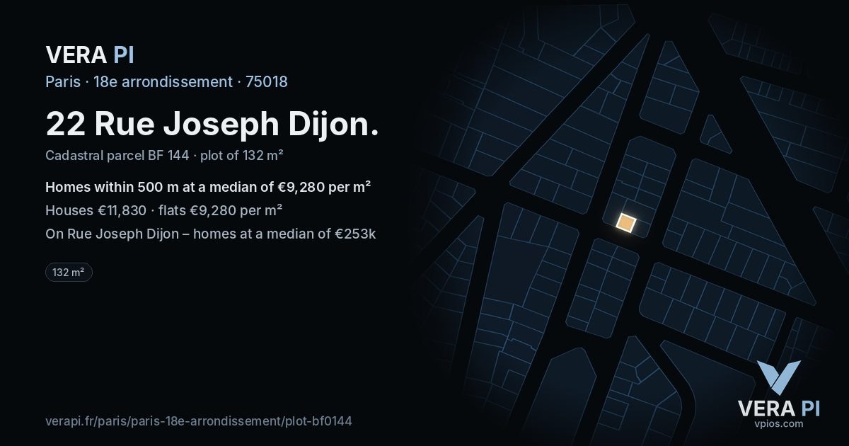 22 Rue Joseph Dijon, 18e arrondissement at night – the plot lit, the parcels around coloured by the prices near them