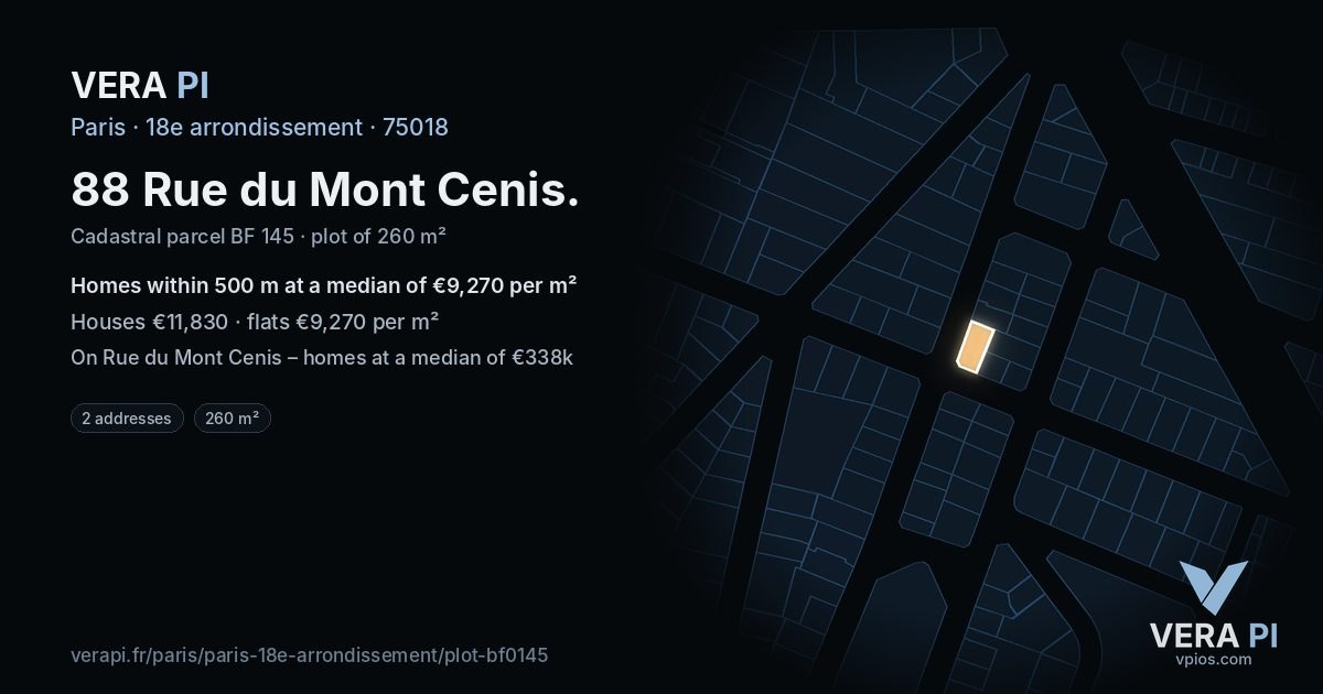 88 Rue du Mont Cenis, 18e arrondissement at night – the plot lit, the parcels around coloured by the prices near them