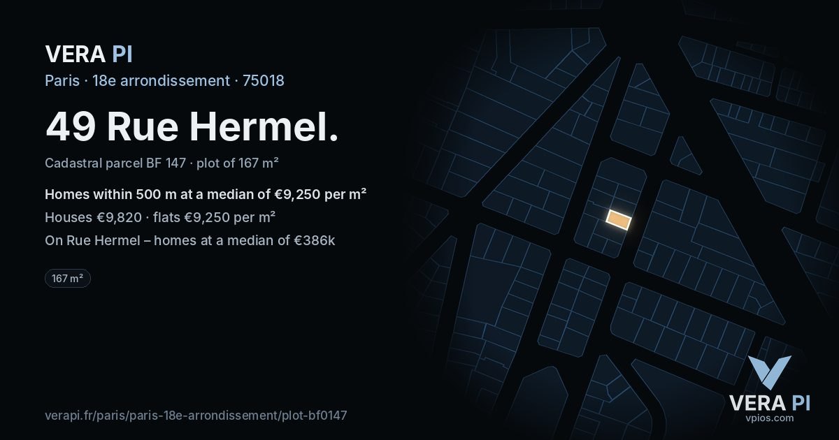 49 Rue Hermel, 18e arrondissement at night – the plot lit, the parcels around coloured by the prices near them