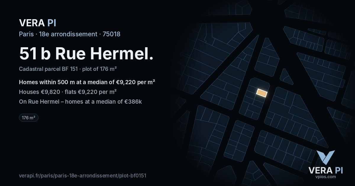 51 b Rue Hermel, 18e arrondissement at night – the plot lit, the parcels around coloured by the prices near them