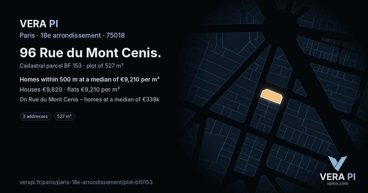 96 Rue du Mont Cenis, 18e arrondissement at night – the plot lit, the parcels around coloured by the prices near them