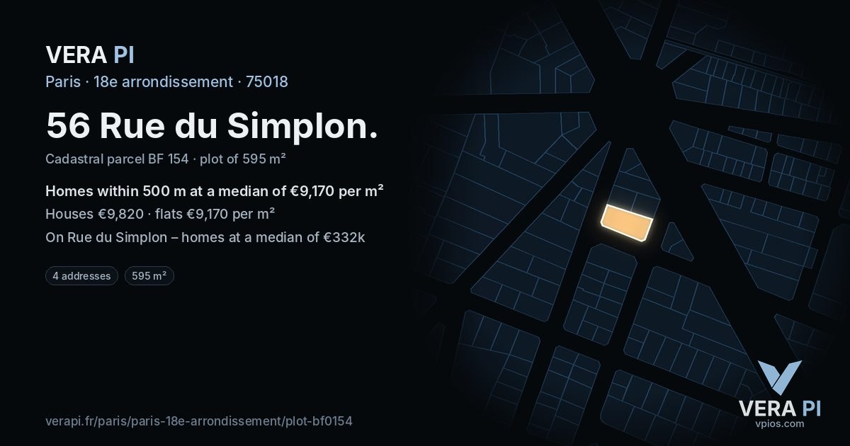 56 Rue du Simplon, 18e arrondissement at night – the plot lit, the parcels around coloured by the prices near them