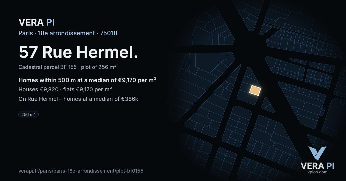 57 Rue Hermel, 18e arrondissement at night – the plot lit, the parcels around coloured by the prices near them