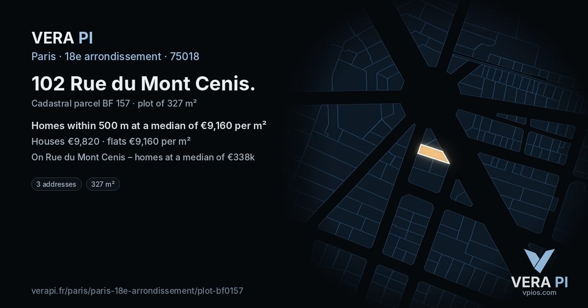 102 Rue du Mont Cenis, 18e arrondissement at night – the plot lit, the parcels around coloured by the prices near them