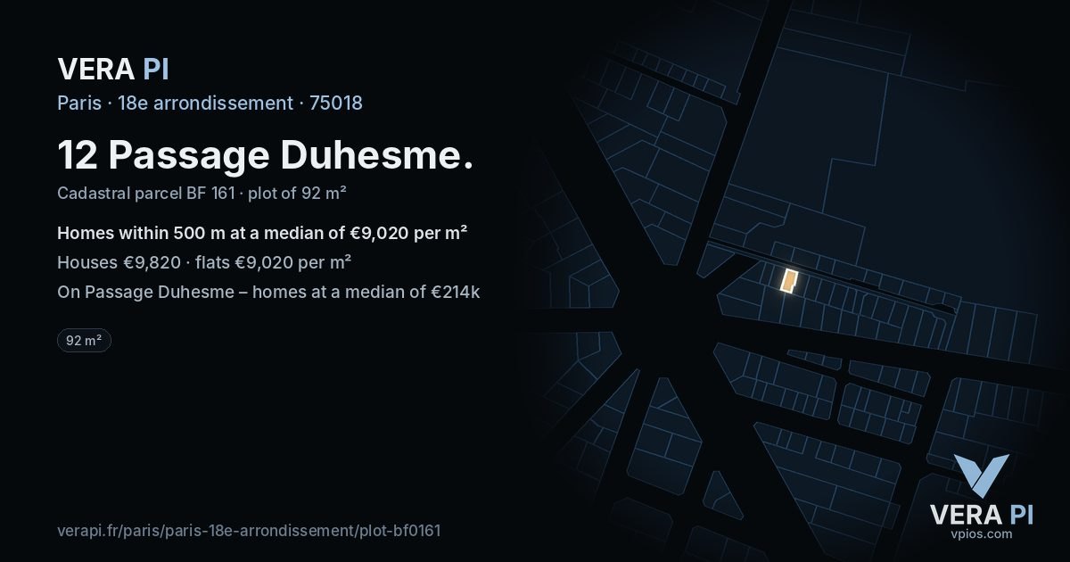 12 Passage Duhesme, 18e arrondissement at night – the plot lit, the parcels around coloured by the prices near them