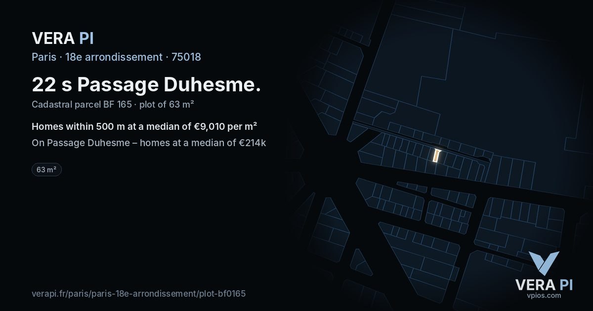 22 s Passage Duhesme, 18e arrondissement at night – the plot lit, the parcels around coloured by the prices near them