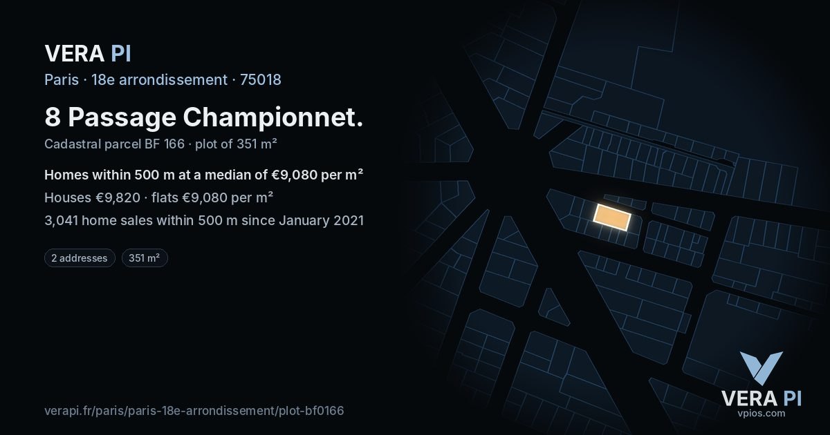 8 Passage Championnet, 18e arrondissement at night – the plot lit, the parcels around coloured by the prices near them