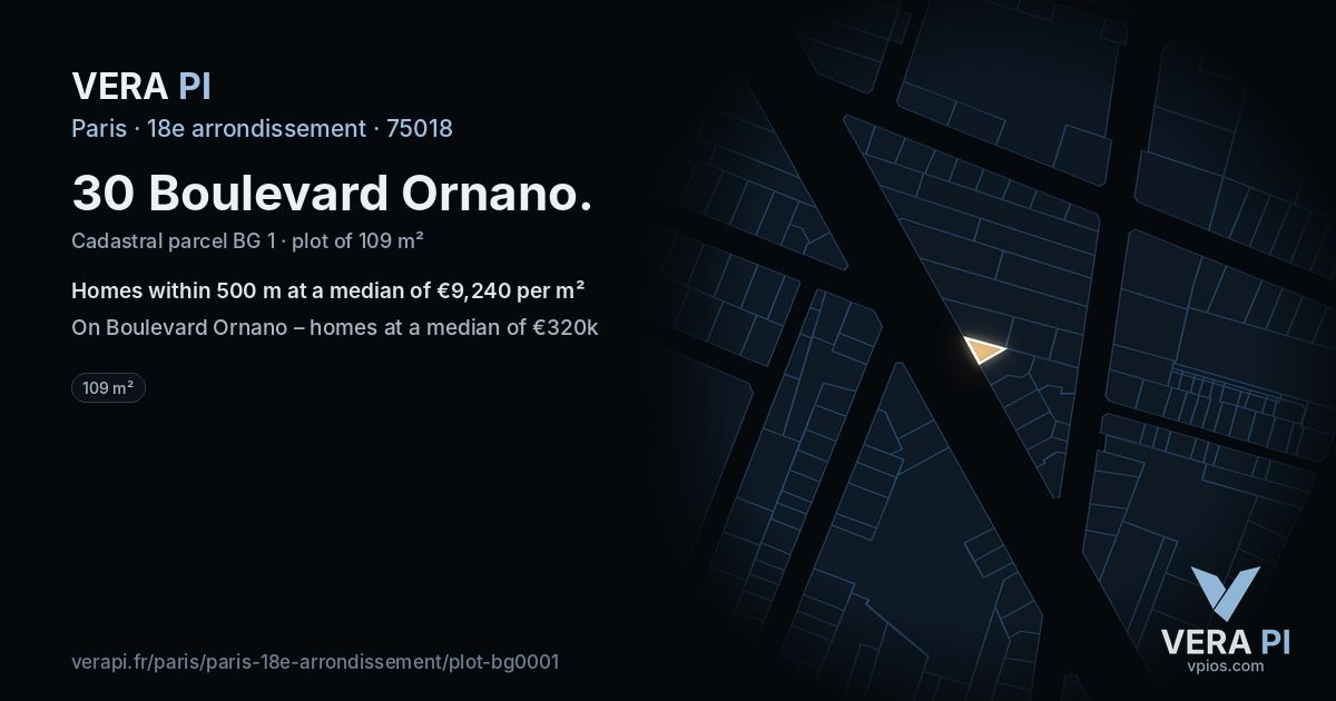 30 Boulevard Ornano, 18e arrondissement at night – the plot lit, the parcels around coloured by the prices near them