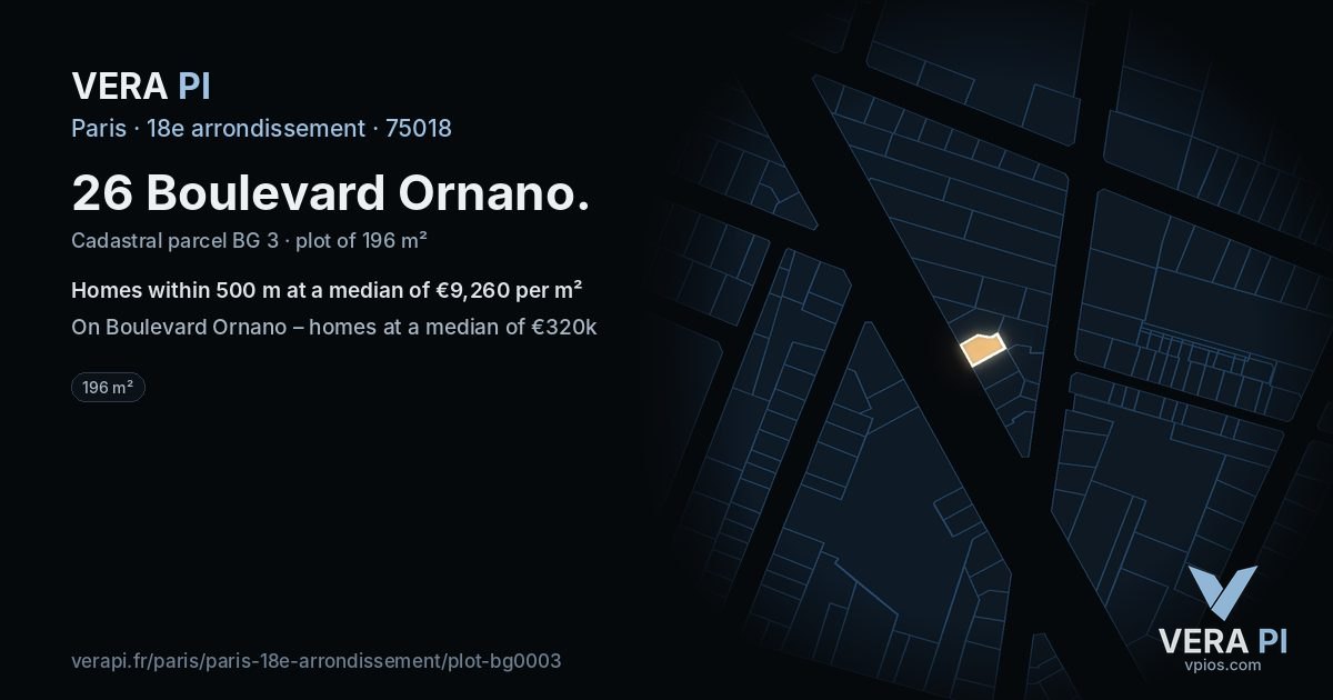 26 Boulevard Ornano, 18e arrondissement at night – the plot lit, the parcels around coloured by the prices near them