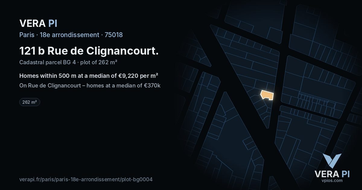 121 b Rue de Clignancourt, 18e arrondissement at night – the plot lit, the parcels around coloured by the prices near them
