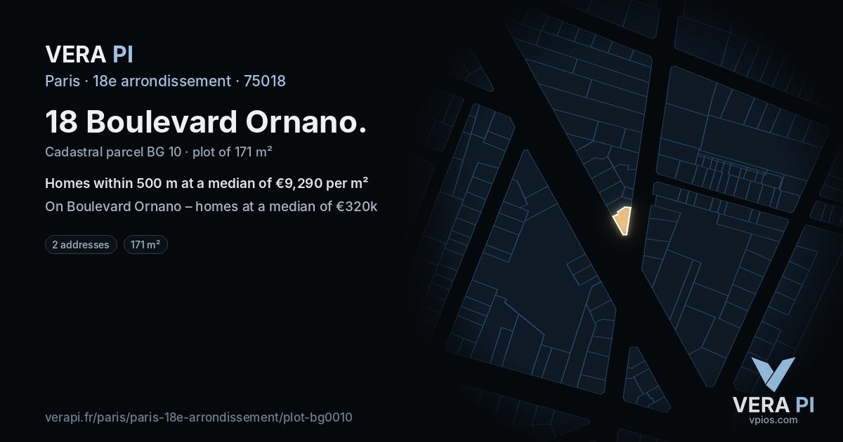 18 Boulevard Ornano, 18e arrondissement at night – the plot lit, the parcels around coloured by the prices near them