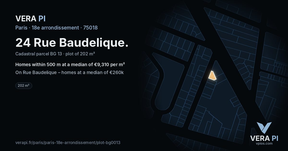 24 Rue Baudelique, 18e arrondissement at night – the plot lit, the parcels around coloured by the prices near them