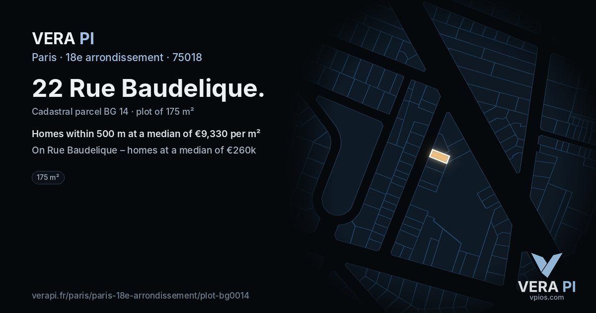 22 Rue Baudelique, 18e arrondissement at night – the plot lit, the parcels around coloured by the prices near them