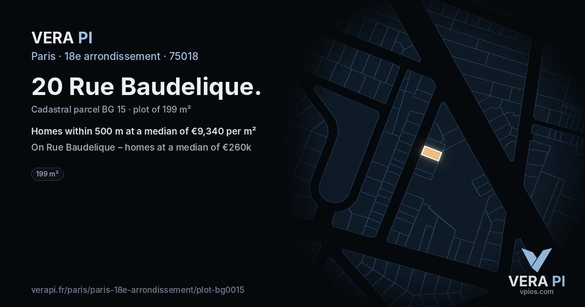 20 Rue Baudelique, 18e arrondissement at night – the plot lit, the parcels around coloured by the prices near them