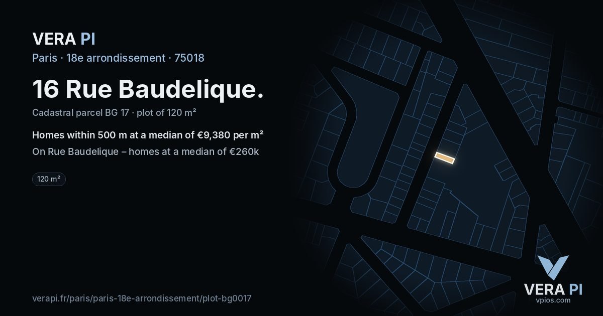 16 Rue Baudelique, 18e arrondissement at night – the plot lit, the parcels around coloured by the prices near them