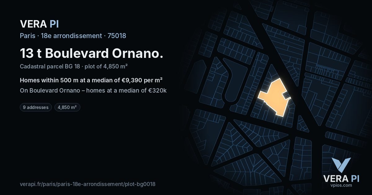 13 t Boulevard Ornano, 18e arrondissement at night – the plot lit, the parcels around coloured by the prices near them