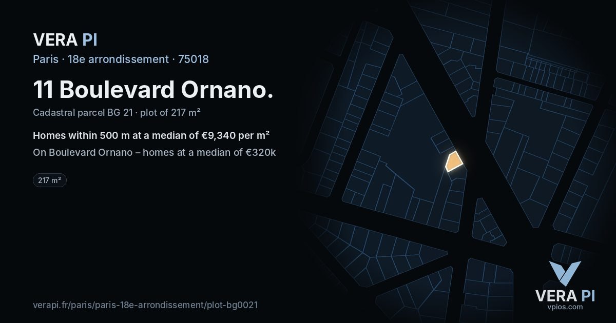 11 Boulevard Ornano, 18e arrondissement at night – the plot lit, the parcels around coloured by the prices near them
