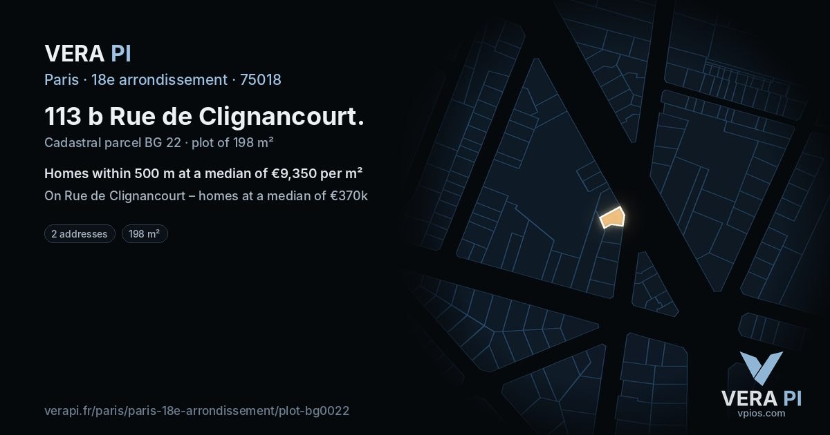 113 b Rue de Clignancourt, 18e arrondissement at night – the plot lit, the parcels around coloured by the prices near them