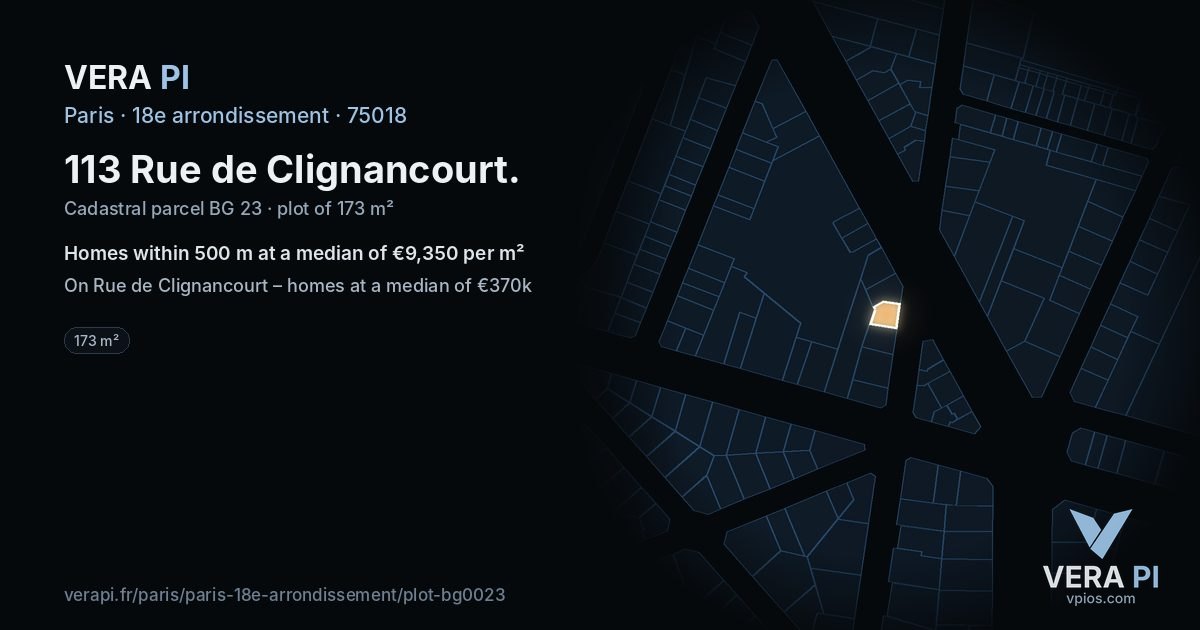 113 Rue de Clignancourt, 18e arrondissement at night – the plot lit, the parcels around coloured by the prices near them