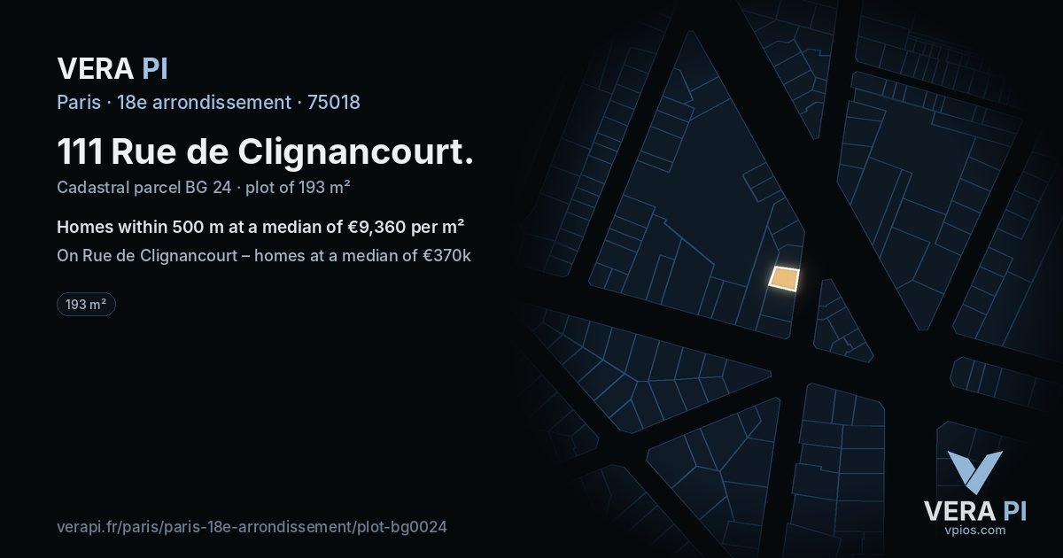 111 Rue de Clignancourt, 18e arrondissement at night – the plot lit, the parcels around coloured by the prices near them