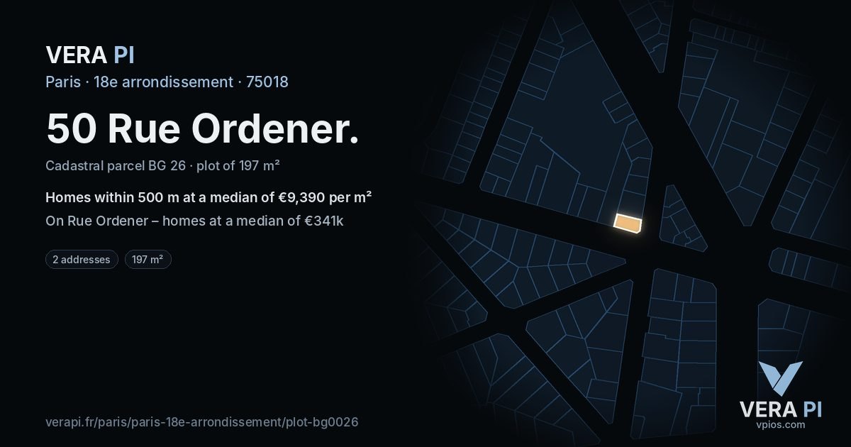 50 Rue Ordener, 18e arrondissement at night – the plot lit, the parcels around coloured by the prices near them