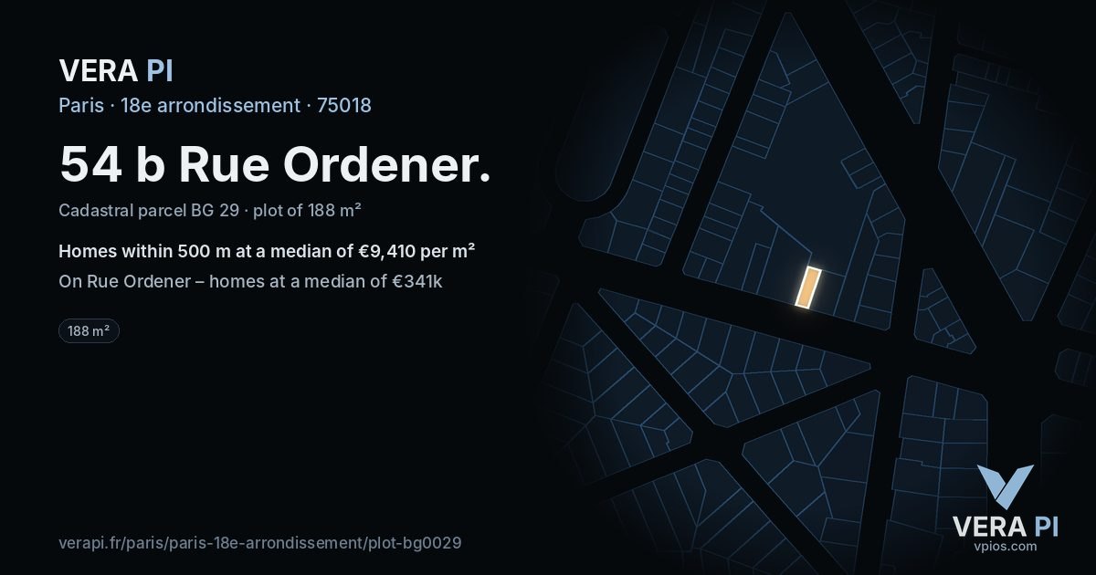 54 b Rue Ordener, 18e arrondissement at night – the plot lit, the parcels around coloured by the prices near them