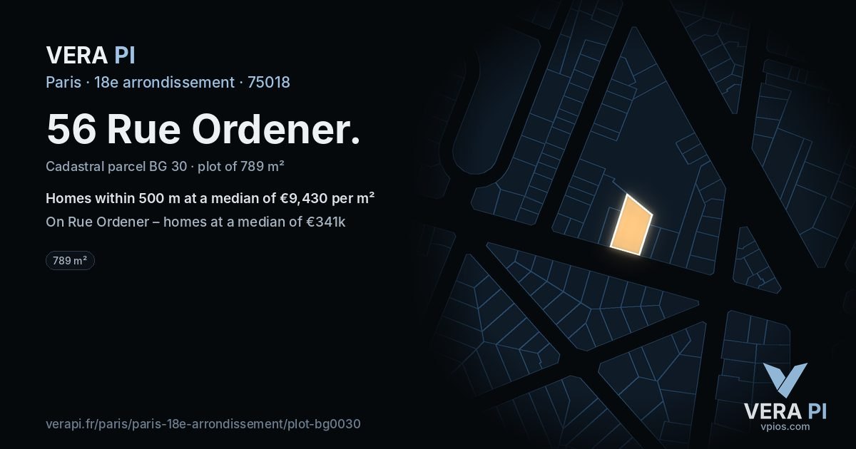 56 Rue Ordener, 18e arrondissement at night – the plot lit, the parcels around coloured by the prices near them